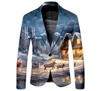 Hundakvy Christmas Suit Jacket for Men Xmas Tree Santa Reindeer Snowflake Print Suit Jackets Stylish Lapel Neck One Button Slim Fit Suit Jacket Mens Suit Jacket for Festival Holiday (A023-Navy, XL)