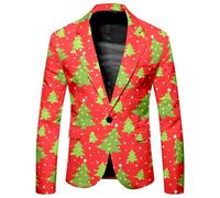 Hundakvy Christmas Suit Jacket for Men Xmas Tree Santa Reindeer Snowflake Print Suit Jackets Stylish Lapel Neck One Button Slim Fit Suit Jacket Mens Suit Jacket for Festival Holiday (A018-Orange, XL)