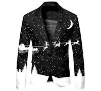 Hundakvy Christmas Suit Jacket for Men Xmas Tree Santa Reindeer Snowflake Print Suit Jackets Stylish Lapel Neck One Button Slim Fit Suit Jacket Mens Suit Jacket for Festival Holiday (A04-Black, L)