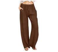 Hundakvy Linen Trousers for Women UK Loose Casual Wide Leg Pants Classical High Waisted Drawstring Straight Leg Long Pants with Pockets Loose Fit Summer Women Trousers Daily Beach (Brown-B, XL)