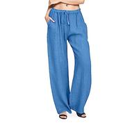 Hundakvy Linen Trousers for Women UK Loose Casual Wide Leg Pants Classical High Waisted Drawstring Straight Leg Long Pants with Pockets Loose Fit Summer Women Trousers Daily Beach (Blue-A, M)