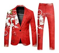 Hundakvy Mens Suits Christmas Cute Cartoon Reindeer Snowflake Color Blovk Printed Coats and Trousers Sets Classic Xmas Holiday Jackets Novelty Party Outfits Christmas Suits for Men UK (A013-Red, XL)