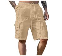 Hundakvy Mens Summer Casual Linen Shorts Fashion Loose Fit Elasticated Waist Multi Pockets Cargo Shorts for Men Solid Color Lightweight Comfortable Sports Gym Work Trousers (Khaki, XL)