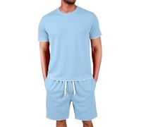 Hundakvy Mens Tracksuit T Shirt Shorts Set Summer Casual Sportswear 2 Piece Outfits Crew Neck Short Sleeve T-Shirt and Casual cotton Blend Elasticated Waist Shorts Waffle Tops Suits (Light Blue, L)