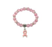 Hundakvy Pink Natural Stone Beaded Breast Cancer Awareness Bracelet Breast Cancer Inspirational Gift for Woman Girl's Friend Sister Pink Ribbon Rhinestone Bracelet Set (One Size)