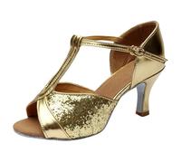 Hundakvy Women Latin Dance Shoes Open Toe Practice Latin Dance Shoes Mesh Elegant Flared Heel Shoes Vintage Adjustable Strap Buckle Shoes Ladies Lightweight Dancing Heels (Gold, 5)