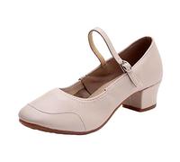 Hundakvy Women's Ballroom Dance Shoes Closed Toe Practice Dance Shoes PU Leather Thick Low Heel Modern Dance Shoes Latin Dancing Shoes with Ankle Strap Performence Character Shoes (White, 5)