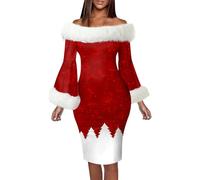 Hundakvy Womens Christmas Dresses Autumn Winter Elegant Patchwork Off the Shoulder Red Dress with White Furry Trim Slim Fit Long Sleeve Xmas Holiday Party Dresses for Women (Red, XL)