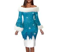 Hundakvy Womens Christmas Dresses Autumn Winter Elegant Patchwork Off the Shoulder Red Dress with White Furry Trim Slim Fit Long Sleeve Xmas Holiday Party Dresses for Women (Sky Blue, XL)