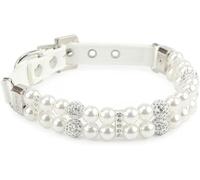 Hundhalsband， Luxury Handmade Pearls Adjustable PU Leather Elegant Cat Collars with Crystal Rhinestone(White,X Small)