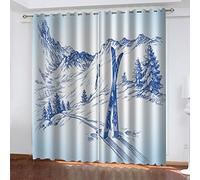 Hundnsney Thermal Insulation Blackout Curtains 3D Blue Ski Print Pattern Super Soft Eyelet Window Darkening Panel, Bedroom Living Room Curtains Kitchen Home Decoration 2 Panels 56X63 Inch (Wxd)