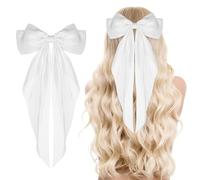 HundoPony Hair Bow Barrettes Elegant Long Tail French Ribbon Big Hair Clip for Girls and Women -Soft Silky Satin Bowknot with Metal Clips - Clothing Accessory for Parties, White