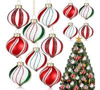 Hungdao 12 Pcs Christmas Decor Peppermint Candy Ornament Set Christmas Candy Cane Balls Ornaments Christmas Candy Cane Decorations Christmas Balls Mini Glass Ornaments for Indoor Outdoor Tree Decor