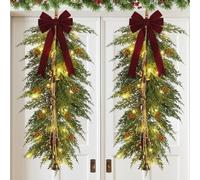 Hungdao 2 Pack 36" Large Christmas Pine Teardrop Cedar Swag with Lights Velvet Bell Bow and Faux Pine Cones Rustic Christmas Artificial Greenery Swag Wreath for Xmas Farmhouse Home Wall Decor (Claret)