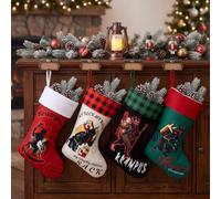 Hungdao 4 Pack Krampus Themed Christmas Stocking Xmas Large Buffalo Plaid Hanging Stockings Gothic Naughty List Holiday Decorations for Home Christmas Tree Fireplace Party Decoration