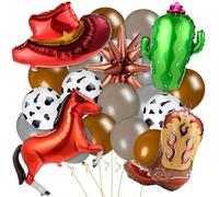 Hungdao Western Theme Party Balloons Set 12 Inch Cow Print Hat Boot Star Balloons Ribbon for Western Theme Decorations Retro Horse Rodeo Cowboy Cowgirl Disco Party Supplies(Brown Cowboy)