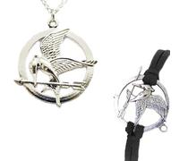 Hunger Games Silver Tone Mockingjay Pendant Necklace with Matching Bracelet on Double Black Cord