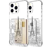 Hungo Compatible for iPhone 16 Pro Case Wallet with Card Holder,Ultra Thin Slim Cute Designer Girly Skin Cases Protector with Airbag Bumper for Women Girls (Clear Eiffel Tower Paris)
