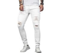 HUNGSON Men's Blue Slim Fit Jeans Stretch Destroyed Ripped Skinny Jeans Side Striped Denim Pants, White, 36