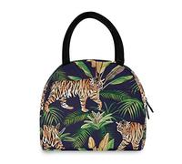 Hunhuni Lunch Tote Bag Tropical Animal Tiger Leaves, Insulated Reusable Lunch Box Container for Kids Boys Girls School Office Travel Picnic
