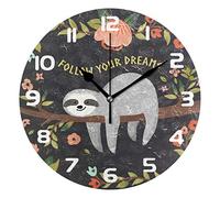 Hunihuni Wall Clock Follow Your Dream Animal Sloth Silent Non-ticking Clock for Bedroom Living Room Home Office Decor