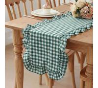 HunnmingRe 1 Pcs Dark Green Plaid Gingham Ruffle Table Runner 72 x 13.8'' Farmhouse Table Runner 100% Cotton Scalloped Long Dresser Scarves for Dining Room, Wedding, Kitchen Rustic Home Decor