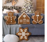 HunnmingRe 4 Pcs Christmas Throw Pillows - Plush Gingerbread Men, Gingerbread House, Snowflake Shaped for Winter Holiday Party, Bedroom Cushion Decoration (Caramel)
