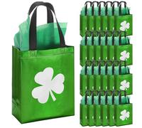 HunnmingRe 49 Pcs St Patrick's Day Gift Bags Bulk Set 24 Clover Treat Tote Bag Irish Shamrock Non Woven Bags 25 Tissue Paper for St Patrick's Party Favors(9.84 x 7.87 x 3.94 Inches,Forest Green)