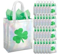 HunnmingRe 49 Pcs St Patrick's Day Gift Bags Bulk Set 24 Clover Treat Tote Bag Irish Shamrock Non Woven Bags 25 Tissue Paper for St Patrick's Party Favors (9.84 x 7.87 x 3.94 Inches,Vibrant Colors)