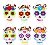 HunnmingRe 6 Pack Halloween Felt Buckets 9.8'' Height Day of the Dead Candy Buckets with Handle Skull Goodie Bags for Treat Halloween Mexican Party Dia De Los Muertos Decorations (White Style)