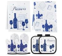 HunnmingRe 6 Pcs Passover Kitchen Accessories Sets, Including Passover Dish Towels Oven Mitts Pot Holders Jewish Seder Decoration Pesach Gifts for Hostess Cooking Baking Dining