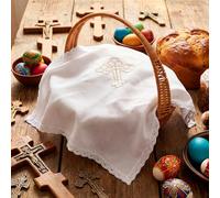 HunnmingRe Easter Orthodox Pascha Basket Cover Table Decoration Easter Religious Gift 16" Square Orthodox White Cross Embroidered Natural Crochet Large Cloth Communion Prosphora Gr hristian Altar