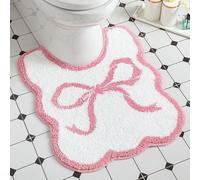 HunnmingRe Pink Bow Toilet Rug U-Shaped Luxury Scalloped Bathroom Rug Non Slip Cute Microfiber Soft Plush Toilet Floor Mats Pastel Bathroom Decor Coquette Stuff for Toilet Base, 24 x 20 Inches
