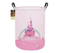 HUNRUNG Laundry Hamper,Large Canvas Fabric Lightweight Storage Basket Toy Organizer Dirty Clothes Collapsible Waterproof for College Dorms, Children Bedroom,Bathroom (Round-Pink Castle)