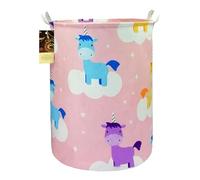 HUNRUNG Laundry Hamper,Large Canvas Fabric Lightweight Storage Basket Toy Organizer Dirty Clothes Collapsible Waterproof for College Dorms, Children Bedroom,Bathroom(Round-Pink Unicorn)