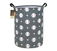 HUNRUNG Laundry Hamper,Large Canvas Fabric Lightweight Storage Basket Toy Organizer Dirty Clothes Collapsible Waterproof for College Dorms, Children Bedroom,Bathroom(Round Grey Baseball)
