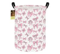 HUNRUNG Laundry Hamper,Large Canvas Fabric Lightweight Storage Basket Toy Organizer Dirty Clothes Collapsible Waterproof for College Dorms（Round-Pink Bow）