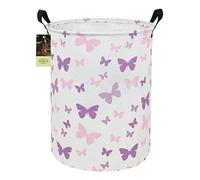 HUNRUNG Laundry Hamper,Large Canvas Fabric Lightweight Storage Basket Toy Organizer Dirty Clothes Collapsible Waterproof for College Dorms, Children Bedroom,Bathroom(Round-Purple Butterfly)