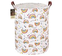 HUNRUNG Laundry Hamper,Large Canvas Fabric Lightweight Storage Basket Toy Organizer Dirty Clothes Collapsible Waterproof for College Dorms, Children Bedroom,Bathroom(Round-Rainbow)