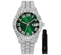 HUNRUY Hip Hop Watches for Men Iced Out Bling Diamond Luxury Quartz Watches with Date, XL face-silver green, Fashion