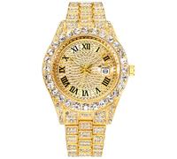 HUNRUY Mens Big Rocks with Roman Numerals Fully Iced Out Colorful Dial Watch, Diamond Gold, Modern