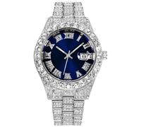 HUNRUY Mens Big Rocks with Roman Numerals Fully Iced Out Colorful Dial Watch, Silver and Blue, Modern