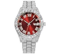 HUNRUY Mens Big Rocks with Roman Numerals Fully Iced Out Colorful Dial Watch, Silver and Red, Modern