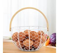 Hunstire Farmhouse Wire Egg Basket for Gathering Fresh Eggs with Wooden Handle, Vintage Style Metal Egg Collecting Basket Countertop Storage Container Holder for Kitchen Decor and Fruit Bin (White)