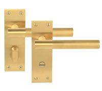Hunta HANDLEZONE® 1 Pair of Levada Grip Satin Brass Designer Bathroom WC Toilet Door Handle Set on Long Flat Backplate, for Internal Doors