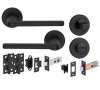 Hunta HANDLEZONE® Elio Matt Black Bathroom Door Handle Pack - Lever on Rose Set - 76mm Bathroom Deadbolt & 2 Ball Bearing Hinges - Privacy Turn & Release for Internal Wooden Doors