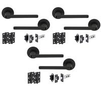 Hunta HANDLEZONE® Elio Matt Black Internal Door Handle Pack - 3 Pack - Lever on Rose Set - 76mm Tubular Latch (57mm Backset) & 2 Ball Bearing Hinges - Passage for Internal Wooden Doors