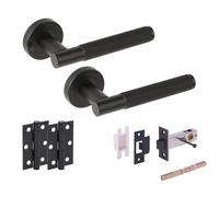 Hunta HANDLEZONE® Evo Grip Knurled Privacy Door Handle Pack, Complete with Lever Handles, 76mm Latch, 75mm Ball Bearing Hinges - Black Matt