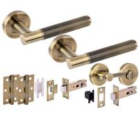 Hunta HANDLEZONE® Evo Knurled Grip Door Handles on Rose Bathroom Deadbolt Pack with Knurled Turn Set, 76mm Latch and Lock, 75mm Ball Bearing Hinges - Antique Bronze