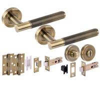 Hunta HANDLEZONE® Evo Knurled Grip Door Handles on Rose Bathroom Deadbolt Pack with Standard Turn Set, 76mm Latch and Lock, 75mm Ball Bearing Hinges - Antique Bronze